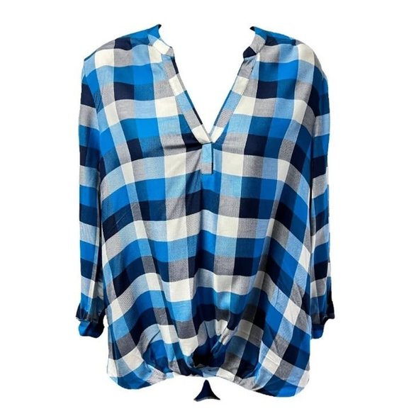 Como Vintage Womens Blouse Blue White Buffalo Plaid Cuff Sleeve Hi Lo Hem S New